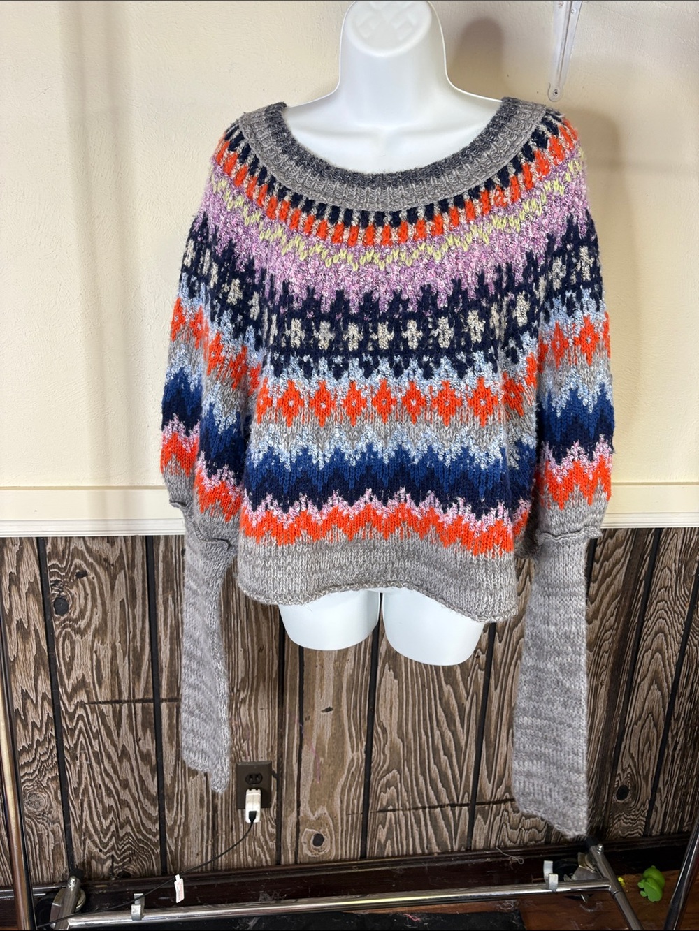 Free People Gray Multicolor Fair Isle Scoop Neck Sweater